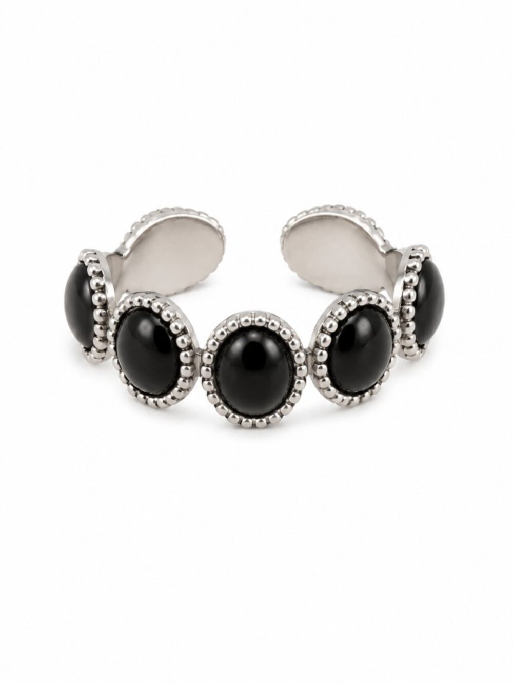 Plunder Stainless Steel Adjustable Black Onyx Dot Band Ring - NEW